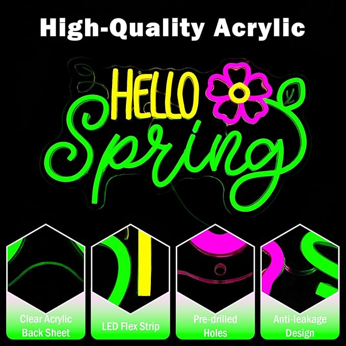 Hello Spring Neon Sign Daisy Flower Led Signs Dimmable Hello Spring Sign Springs Welcome Neon Lights Easter Decorations for Home Office Classroom Party