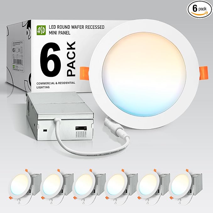ASD 6 Pack LED Recessed Lighting 6 Inch 12W, 5 CCT 2700K-5000K CRI90+, IC Rated Ultra Thin Dimmable Ceiling Lights with J Box, Canless Wafer Downlight, Round Slim Panel Light, Energy Star ETL, White