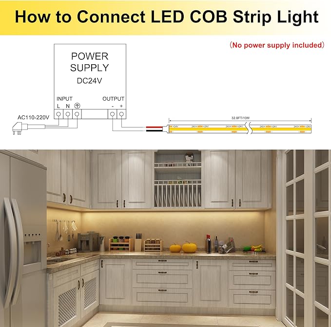 32.8ft COB LED Strip Lights Waterproof IP68, 3000K Warm White Outdoor 24V Dimmable Silicone LED Tape Lighting High Density, 6000LM+, 3200LEDs Clips and Screws(Power Supply Not Included)