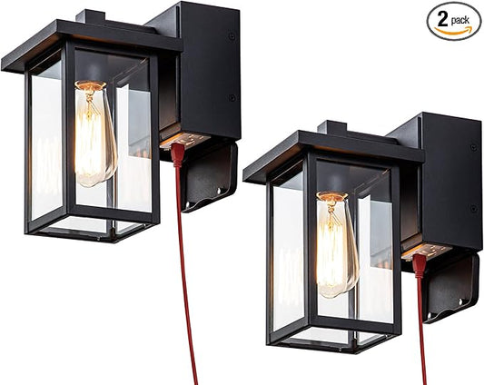Outdoor Lights with GFCI Outlet, Black Front Porch Lights, Exterior Lighting Fixture with Outlet, Waterproof Outdoor Wall Sconce Wall Mount for House Garage, Patio, 2 Packs