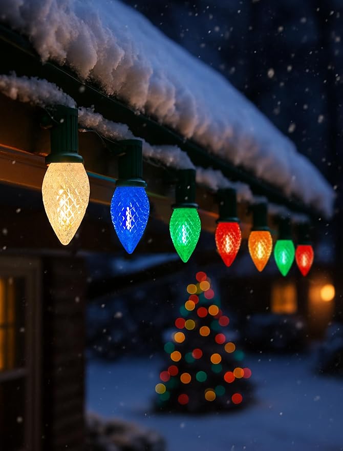 25 Pack C7 LED Christmas Light Bulbs, Dimmable Multicolor Diamond-Cut Transparent Replacement Light Bulbs, UL Listed Holiday Lights with E12 Candelabra Base for Indoor Outdoor Decorations