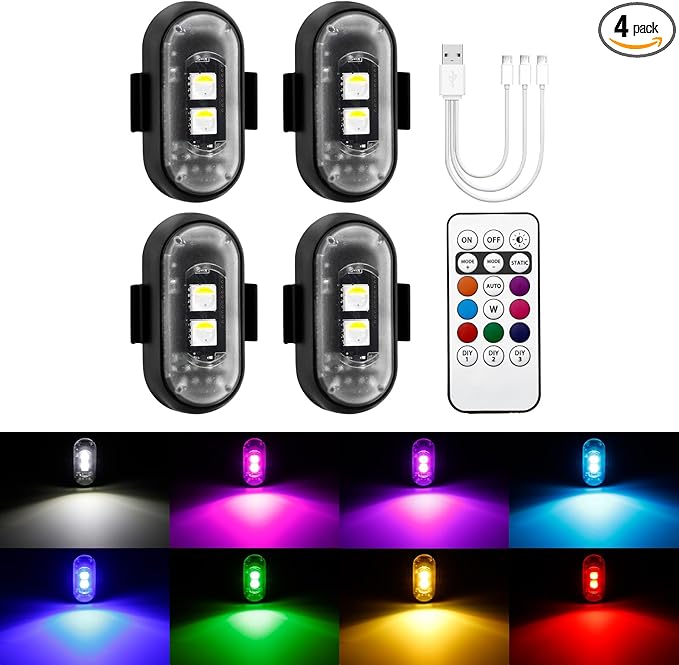 PIFOOG Wireless Led Strobe Lights for Car Motorcycle Remote Control RGB Anti Collision Light Mini USB Rechargeable Magnetic Warning Strobe Flashing Lights 4PCS