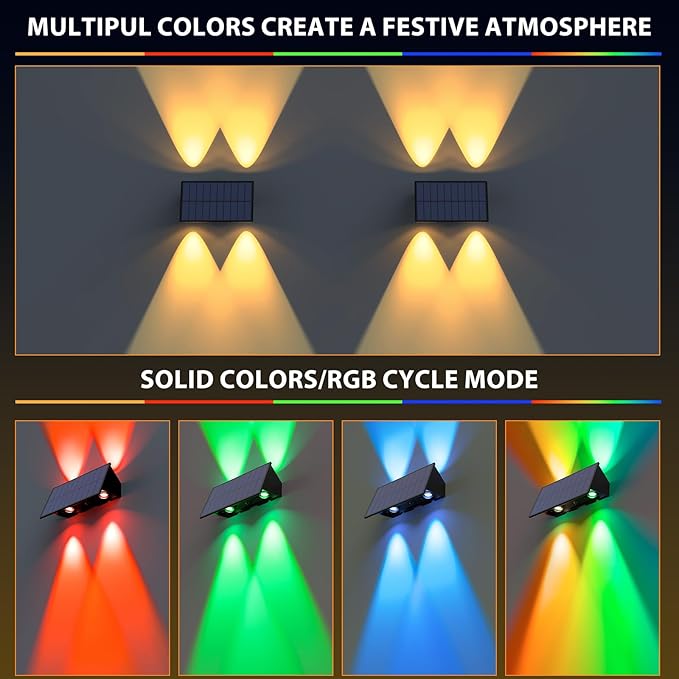 Solar Fence Lights,12 Pack Solar Lights Outdoor Warm White + RGB Up & Down Solar Wall Lights Waterproof 100 Lumens Dusk to Dawn Solar Powered Fence Light for Backyard/Pool/Railing/Patio/Porch/Step
