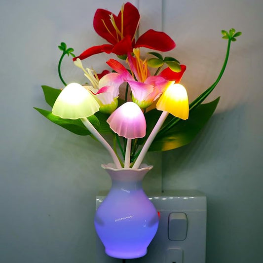 AUSAYE Plug-in Night Light with Auto Light Sensor,RGB LED Mushroom Night Light Wall Red Lily Flower Lamp for Adults Kids Nursery Room,Bedroom,Lounge,Bathroom,Stairs