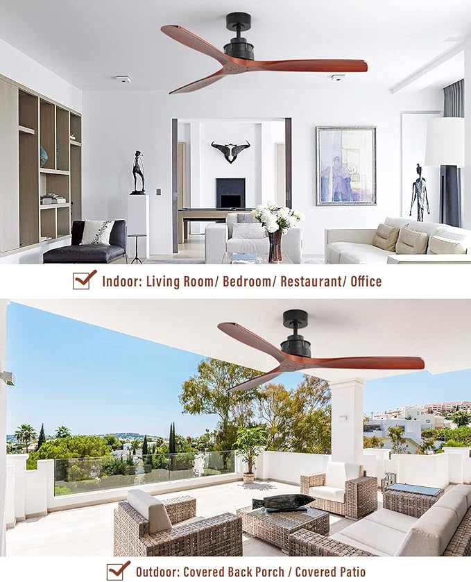 60 Inch Walnut Ceiling Fan with Remote Contro, 3 Wood Blade Ceiling Fans Without Lights, Ceiling Fan No Light with Timer, Noiseless Reversible DC Motor for Indoor Outdoor Farmhouse