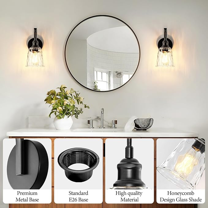 Blck Wall Sconce, Modern Matte Black Sconces Wall Lighting, Vintage Glass Light Fixtures for Bathroom Vanity Mirror Living Room Bedroom Kitchen Hallway Stairway E26 Hardwire