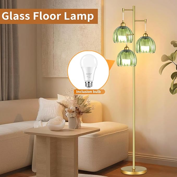 Gold Floor Lamps for Living Room Bedroom-3 Light Glass Floor Lamp with Three Led Bulb, Rustic Tall Floor Lamp Gold Standing Lamp Tree Floor Lamps for Living Room Bedroom,Office,Corner