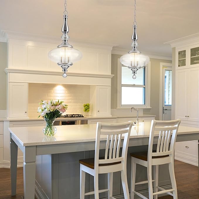 Modern Kitchen Island Pendant Light Polished Chrome Glass Pendant Light for Kitchens, Dining Rooms Stairs W 11.8 in. H 23.6 in.
