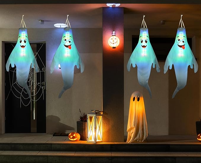 Halloween Decorations Outdoor: 2 Pcs Cute Hanging Ghosts for Tree, Porch, Garden, Yard - Waterproof Colorful LED Ghost Decor with Timer