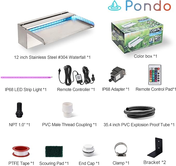 12'' APP Control Pool Waterfall with RGB LED Lights, Stainless Steel Pond Fountain Set for Outdoor Decorations, Patio Waterfall Spillway Kit w/16 Color Changing, Easy Install