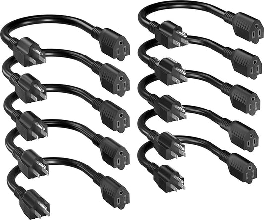 16/3 Short Extension Cord 8 Inch 10 Pack, Black Extension Cord Flexible & Durable, Indoor 3 Prong Power Cable, Suitable for Home and Office, 13 Amp 1625 Watt 125VAC 16AWG, ETL Listed
