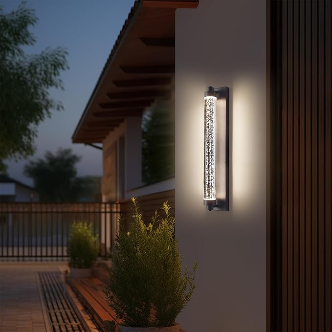 Black Outdoor Wall Sconce, 23.6inch Bubble Crystal Modern Wall Mounted Lights, 3000K-6500K Dimmable Waterproof LED Exterior Lamp Lighting for Porch, Garage, Patio, Living Room, Indoor