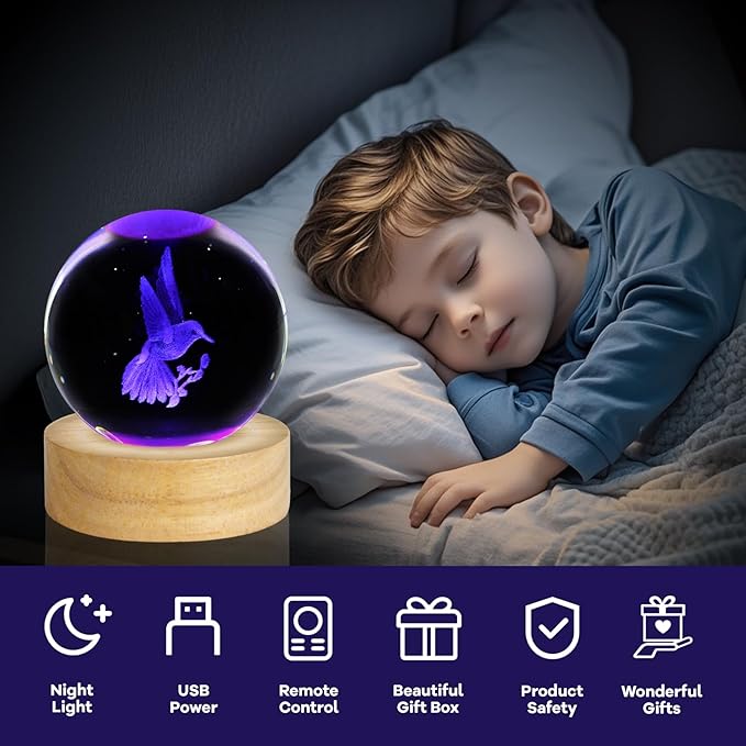 3D Hummingbird Crystal Ball Night Light 2.4in Hummingbird Figurines Decor Table Lamp with 16 Colors Change Hummingbird Stuff for Room Birthday Christmas Hummingbird Gifts for Women Friends Kids
