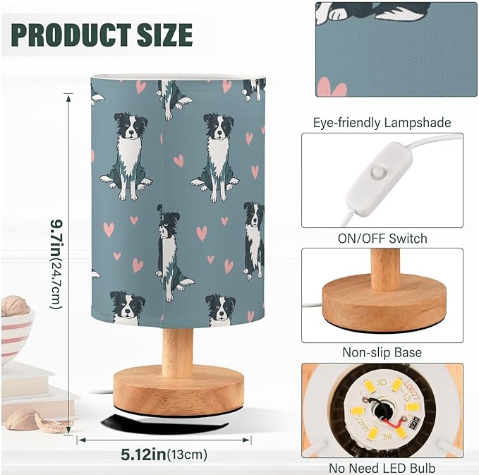 Cute Hand Draw Border Collie and Pink Hearts Bedside Table Lamps with USB Port for Bedroom Lamp Accent Table Lamp Small Nightstand Lamp Linen Shade Decorative Lamps for Kids|Reading|Dome|Home
