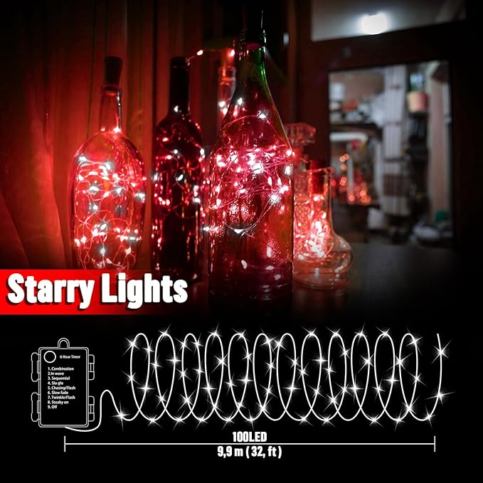 LAMPHOME 100LED String Light, Fairy Lights Battery Operated, Remote Control Timer Twinkle String Lights 8 Modes Firefly Lights for Garden Party Indoor Decor (White+Red)