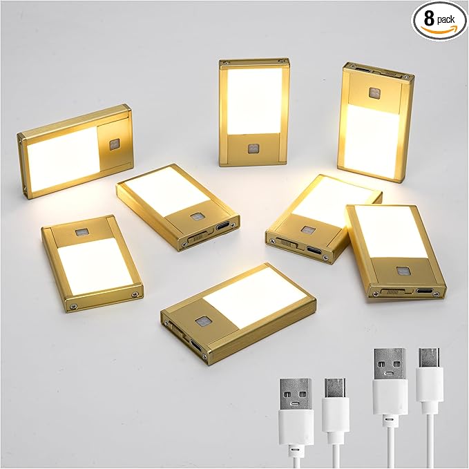 V4light Rechargeable Motion Sensor Night Lights, 8-Pack - Painted Gold Aluminum Alloy, Ultra-Compact Magnetic Mount, 3000K Warm White Glow, Ideal for Hallways, Bedrooms, Stairs & Nightly Use