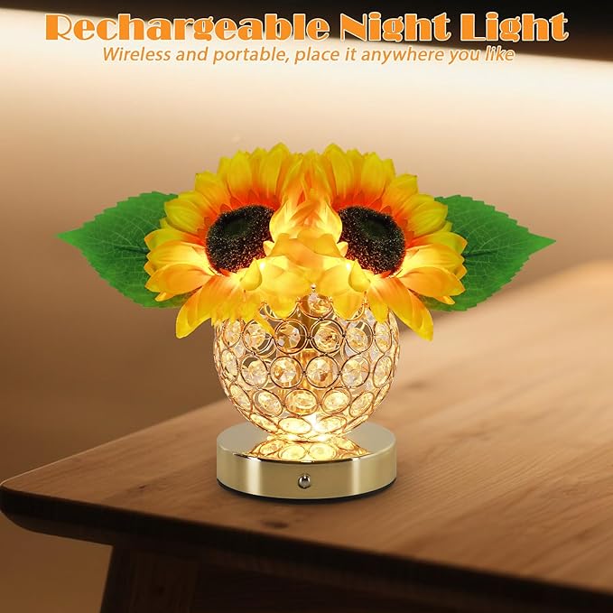 Sunflower Lamp, 3 Colors Desk Touch Control Lamp, Dimmable Fake Flower Crystal Night Light, Rechargeable Artificial Flower Lamp, Sun flower Bedside Lamps, Gifts for Mother Wife Girls Decor (Sunflower)