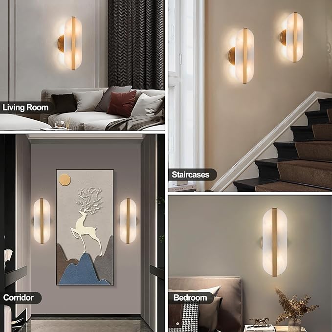Natural Alabaster Wall Sconces Marble Wall Sconces Gold Bathroom Vanity Wall Light Fixture Stone Wall Lamp Modern Alabaster Sconces Wall Lighting for Bedroom Living Room Hallway Restaurant