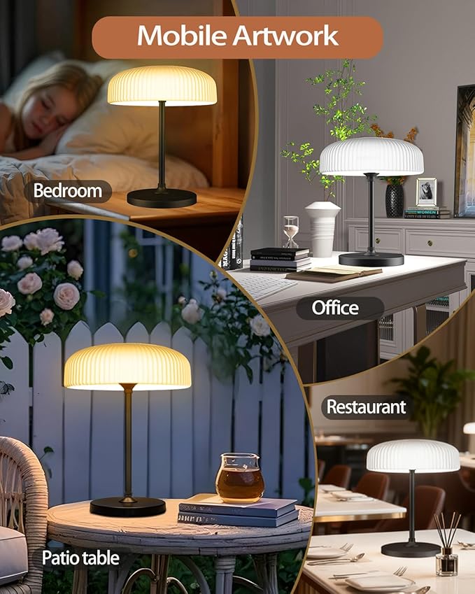 Cordless Table Lamp: Portable Rechargeable Waterproof Lamp for Shower Bathroom Kitchen Counter Outdoor Patio - Aesthetic Mushroom Design, Gifts for Women Mom, Battery Operated, USB & Solar Powered