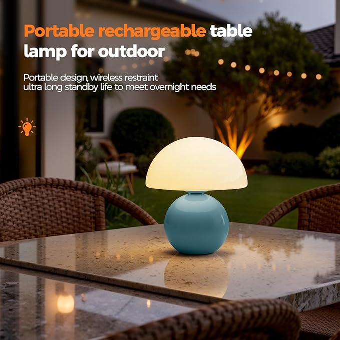 NIORSUN Mushroom Lamp Table Lamp for Bedroom, Portables Cordless Table Lamp,Wireless lamp,Small Bedside Table Touch Lamps for Living Room,Mini Mushroom 5200mAh Battery Operated Lamp Modern Blue