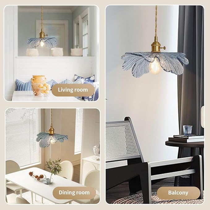 vintage pendant light glass pendant light Brushed Brass Pendant light fixtures Farmhouse Pendant Lighting with blue Glass Shade 1-light Hand Blown Hanging Light for Kitchen Dining Room Bedroom