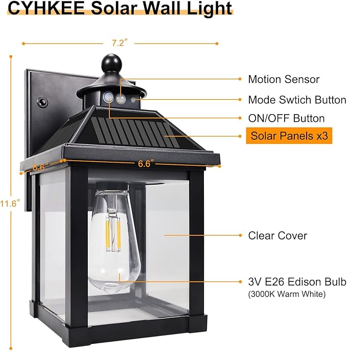 Solar Porch Lights Outdoor, Solar Wall Lights with 3 Lighting Modes&Motion Sensor, Dusk to Dawn Sconce Lights, Waterproof Lantern Fixture for Front Door Garage Porch Yard Fence (2 Pack)
