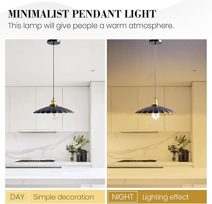 Hanging Light Fixture, Metal Pleated Lampshade Kitchen Island Pendant Lights Black Hanging Light Fixture 15.7 Inch Hanging Pendant Light Height Adjustable