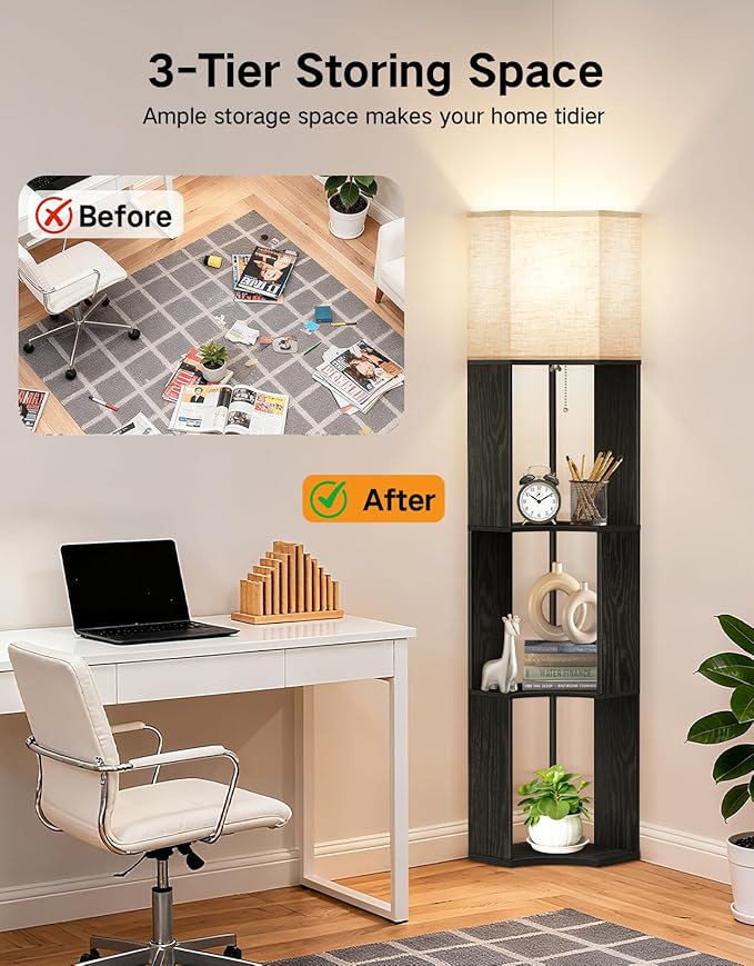 OUTON Floor Lamp with Shelves, Modern Tripod Standing Shelf Lamp with 3 Color Temperature Bulb, Storage Display Wood Column Tall Bookshelf Lamp for Living Room, Bedroom Office, Black