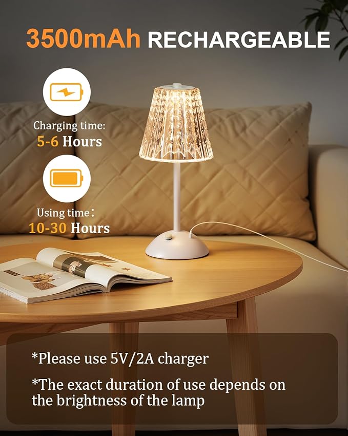 Cordless Touch Table Lamp, LED Rechargeable Small Dask Lamp, 3 Colors Dimmable Battery Operated Crysta Lamp for Bedroom Restaurant Kitchen Home Decor, White
