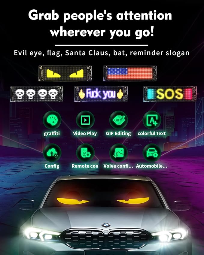 Devil's Eye 2-Pack: 19.3"x4.3" Dual LED Eyes – Perfect Sync Windshield Display for Cars, SUVs & Trucks | Programmable USB Matrix, App/Remote Control, Custom Car Sign