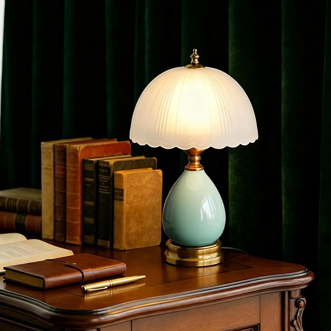 Decorative Ceramic Table Lamp with Frosted Glass Shade, Small Bedside Nightstand Lamp with Dimmable Light, 6ft Cord, E26 Bulb Included for Bedroom & Living Room