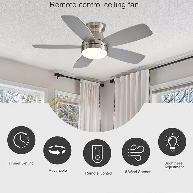 Ceiling Fans with Lights, 42 Inch Low Profile Ceiling Fan with Light and Remote/App Control, Flush Mount, Reversible, 3CCT, Dimmable, Noiseless, Nickel Ceiling Fan for Indoor/Outdoor Use