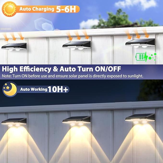 Solar Lights Outdoor Waterproof 4-Pack, Backyard LED Fence Lighting Outside Solar Powered with 3 Modes (3000K/4500K/6500K) for Deck, Step, Stairs, Balcony, Yard, Patio, Walkway, Pathway, Railing