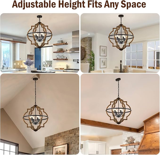 6-Light Farmhouse Wood Pendant Light,22.83'' Vintage Rustic Brown Oak Wood Chandeliers,Retro Industrial Hanging Light Fixtures for Dining Room Entryway, Bedroom