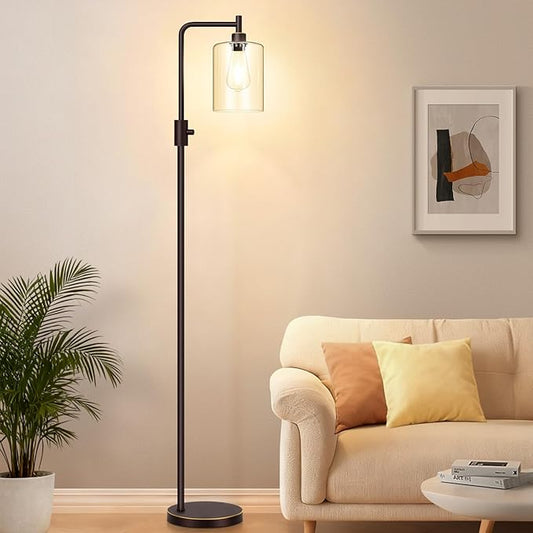 【Upgraded】Dimmable Floor Lamp for Living Room with Glass Lampshade, Brown and Gold Modern Floor Lamp with 900LM LED Bulb Included, Bright Standing Tall Lamp for Bedroom, Office, Reading Room, Corner