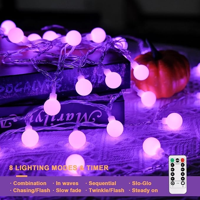 JMEXSUSS 100 LED Purple Globe String Lights Battery Operated, 33ft 8 Modes Indoor Christmas Lights with Remote, Battery Powered Fairy Lights Outdoor for Room Bedroom Party Patio Yard Decor