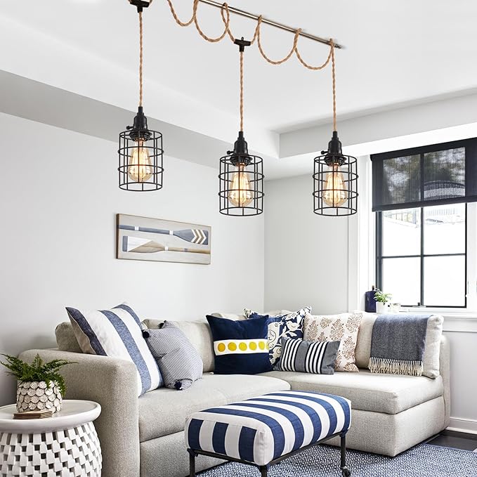 3-Light Hanging Light with Plug in Cord,Plug in Pendant Light 22ft Hemp Rope Pendant Lighting Vintage 3-Light Hanging Lamp Fixtures for Kitchen Island Living Room Bedroom