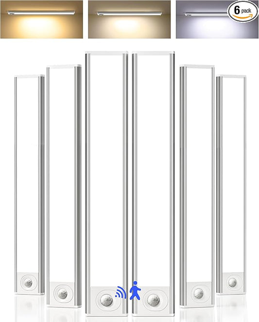 6-Pack Under Cabinet Lighting Wireless, LED Motion Sensor Light Indoor, Rechargeable Closet Lights Battery Operated, Dimmable & 3 Color Temps, Under Counter Lights for Kitchen, Stairs(14inch)