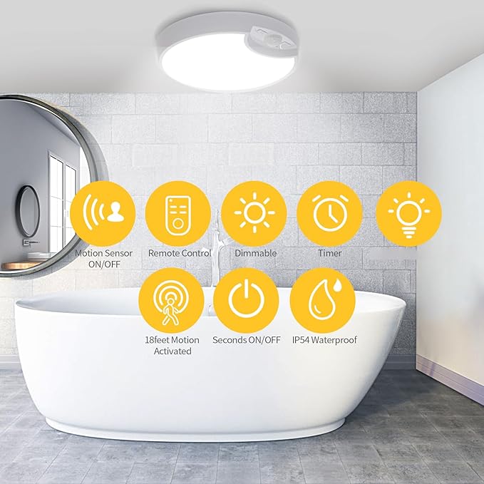 Rechargeable Motion Sensor Light with Remote Wireless Ceiling Light Battery Operated Closet Lights Battery Powered Ceiling Light Timing Dimmable 7.8in for Closets Shower Stair Pantry Hallway Porch