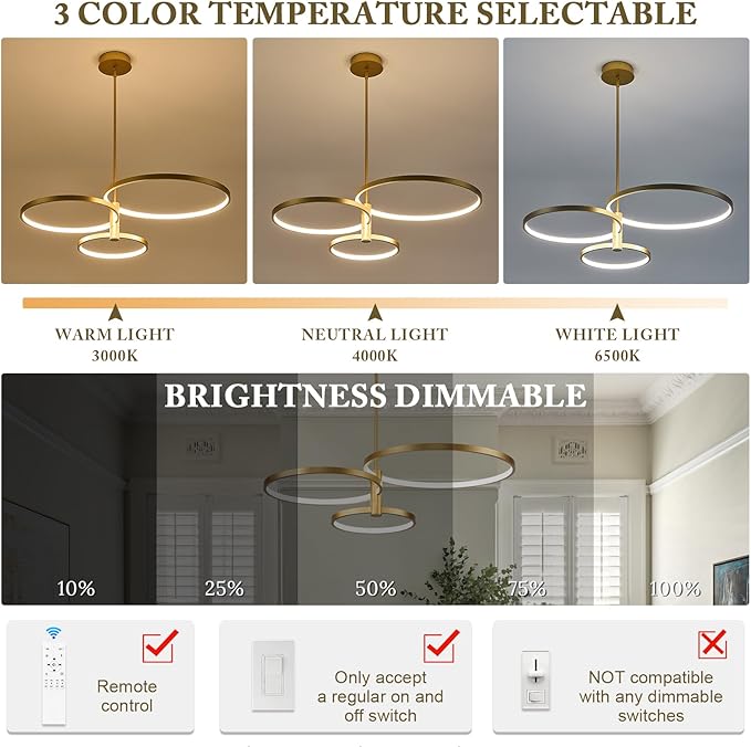 LED Ring Chandelier Modern Gold Chandellier for Dining Room 3-Light Dimmable Pendant Light Kitchen Island Contemporary Flush Mount Chandelier for Bedroom Living Room Dining Table Closet
