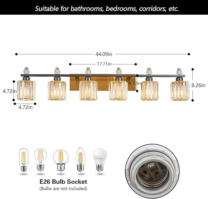 Bathroom Vanity Lights 6-Light Black Gold Modern Crystal Vanity Light Fixtures Over Mirror Crystal Bathroom Vanity Lighting Fixtures