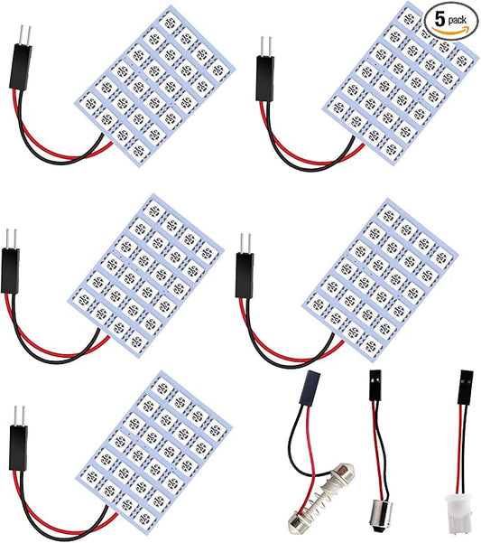 YM E-Bright 5-Pack Blue 5050 24SMD Led Panel Dome Light Lamp Auto Car Reading Interior Lamp DC 12V With T10 / BA9S / Festoon Adapters
