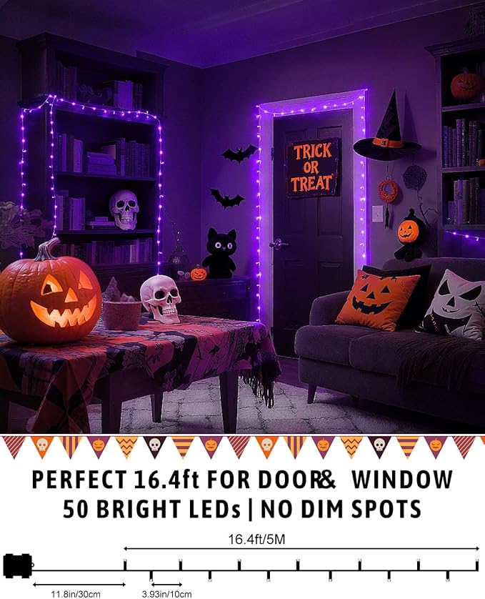 Halloween String Lights Battery Operated, Purple Lights with Timer Waterproof 16.4ft 50 LED Halloween Decorations for Outdoor Indoor Patio Party Garden Yard Decor
