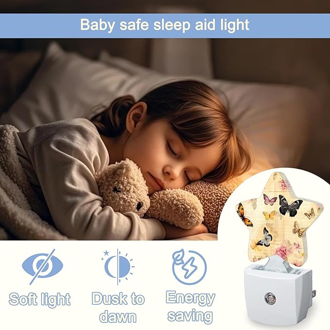 Vintage Butterfly Night Lights Plug Into Wall,Pink Flowers Star Night Light for Kids,Nightlight with Dusk to Dawn Smart Sensor for Bedroom Bathroom Decor,Children Women Men Gift