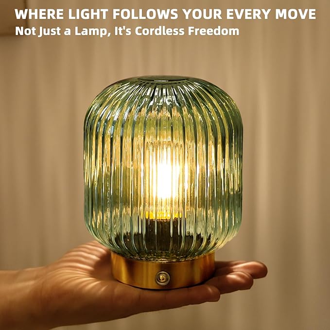 MJ PREMIER Rechargeable Table Lamp, Green Glass Lamp with Memory Function, Small Cordless LED Lamp with Dimmable Brightness, Decorative Touch Lamps for Bedroom Living Room (Green)