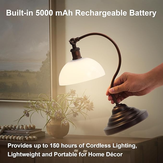 Cordless LED Table Lamp Set of 2, Battery Operated Desk Lamps with Swing Arm & Plastic Shade, Vintage Small Rechargeable Dimmable Light for Bedroom, Living Room, Nightstand, Oil Rubbed Bronze