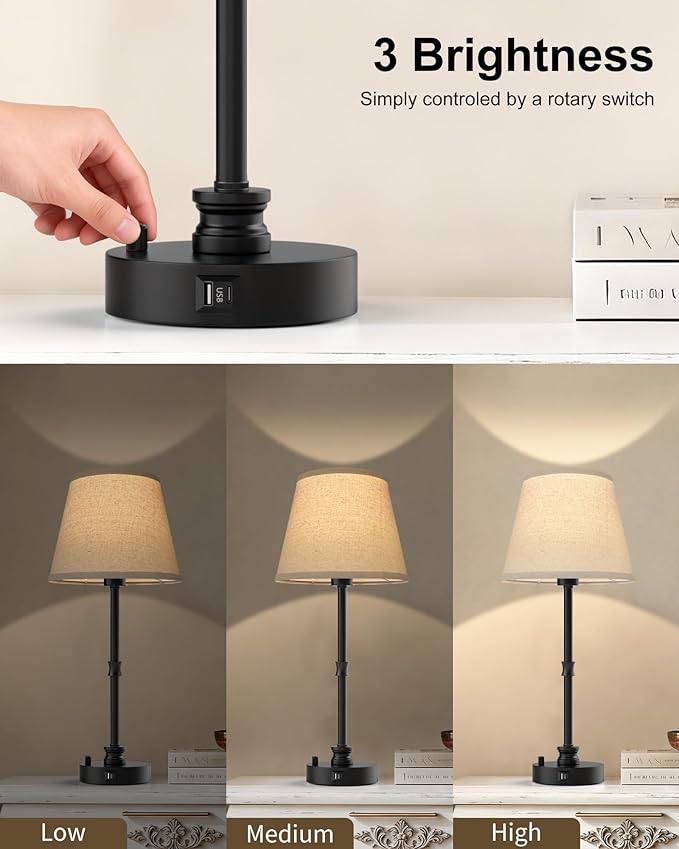 Set of 2 Farmhouse Table Lamps with Linen Shades, 23.8" Bedside Lamps with USB A+C Charging Ports & Plug-in, 3-Way Rotary Dimming Nightstand Lights for Bedroom Living Room, Rustic Reading Pair