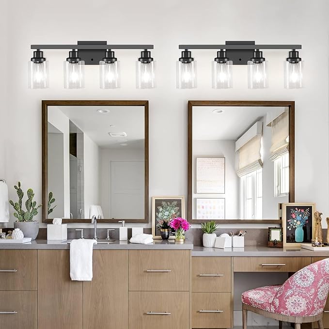 Bathroom Vanity Light, 4-Light Modern Matte Black Wall Sconce Lighting with Clear Glass Shade, Black Wall Lights,Bath Vintage Wall Mounted Lamps for Mirror Bedroom,Living Room