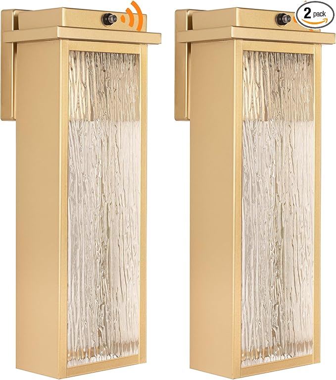16" Dusk to Dawn LED Outdoor Light 2 Packs, Gold Outside Porch Lights Wall Mount, Large Exterior Lighting Fixtures with Rippled Glass, Waterproof Modern Wall Lantern for House, Patio