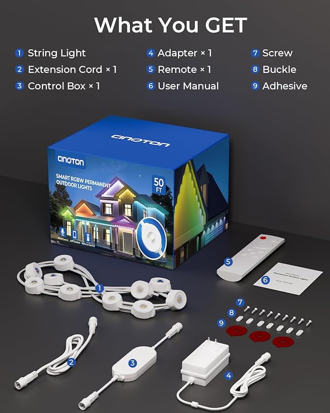 CINOTON Permanent Outdoor Lights 50ft, Smart RGBW+IC Eaves Lights with 30LEDs, IP67 Waterproof, 111 Scene Modes for Daily and Festival, Halloween Christmas Holiday Decor, APP/Voice/Remote Control